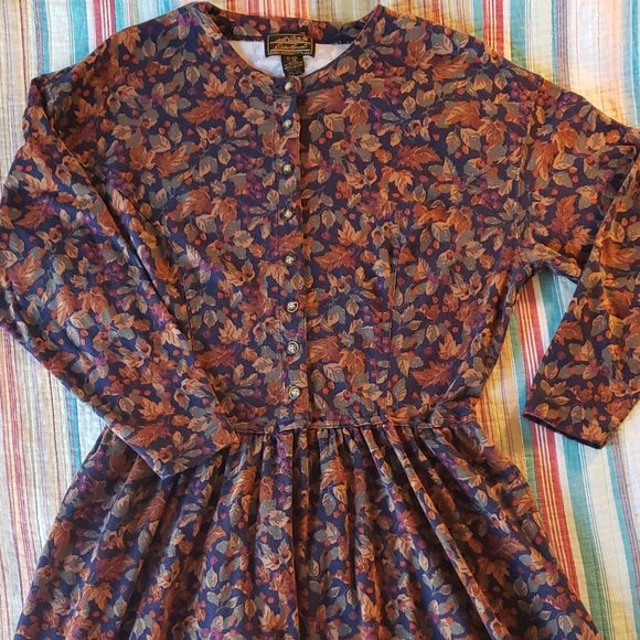 Vintage Eddie Bauer Navy Leaves Dress Modest - Picture 2 of 8